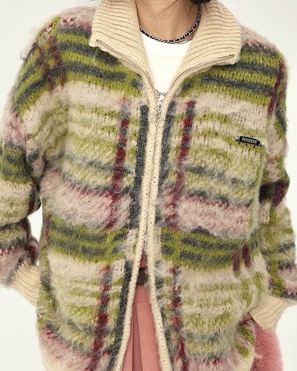 VILZSTUDIOS Fuzzy plaid zip-up sweater with star charm zipper