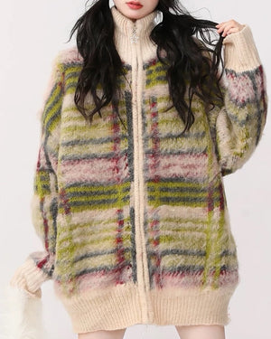 VILZSTUDIOS Fuzzy plaid zip-up sweater with star charm zipper
