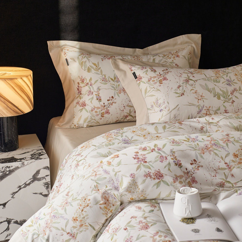VILZSTUDIOS cream watercolor floral duvet cover set with pastel botanicals and wide cream-beige borders