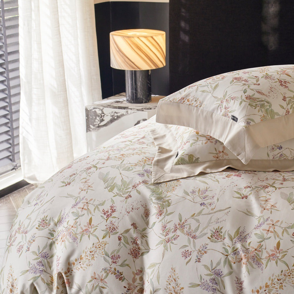 VILZSTUDIOS cream watercolor floral duvet cover set with pastel botanicals and wide cream-beige borders
