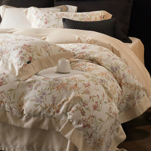 VILZSTUDIOS cream watercolor floral duvet cover set with pastel botanicals and wide cream-beige borders
