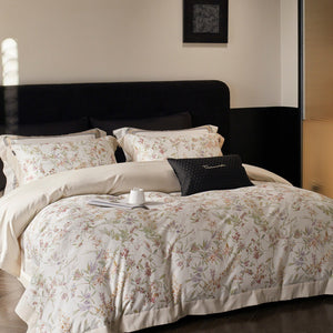 VILZSTUDIOS cream watercolor floral duvet cover set with pastel botanicals and wide cream-beige borders