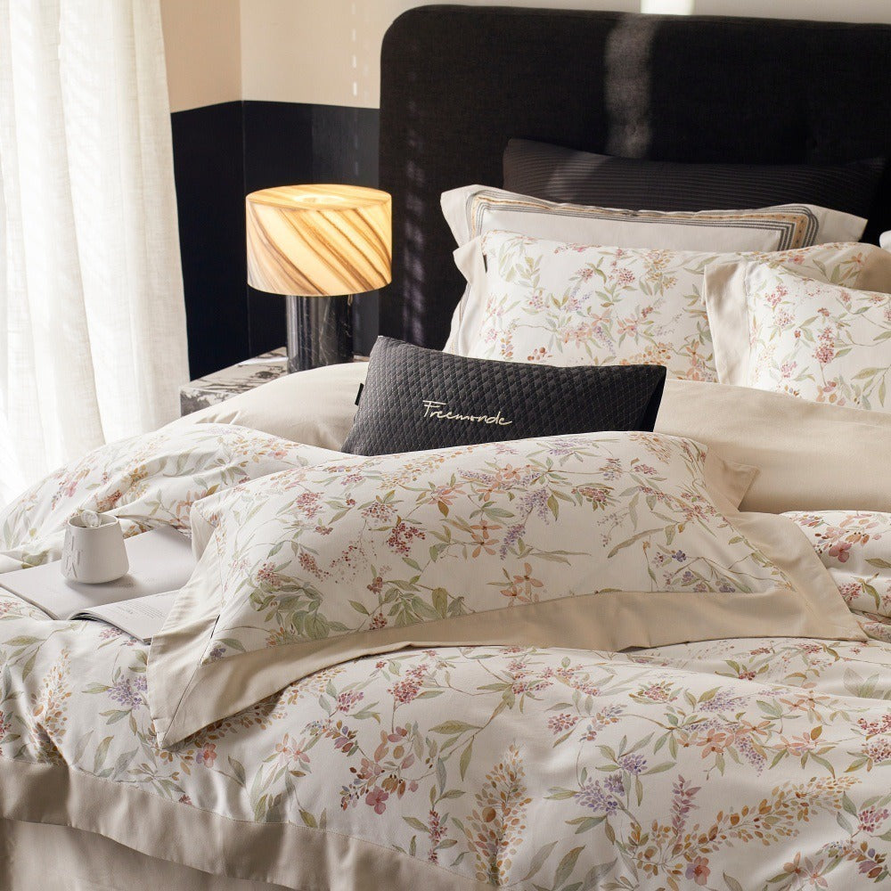 VILZSTUDIOS cream watercolor floral duvet cover set with pastel botanicals and wide cream-beige borders