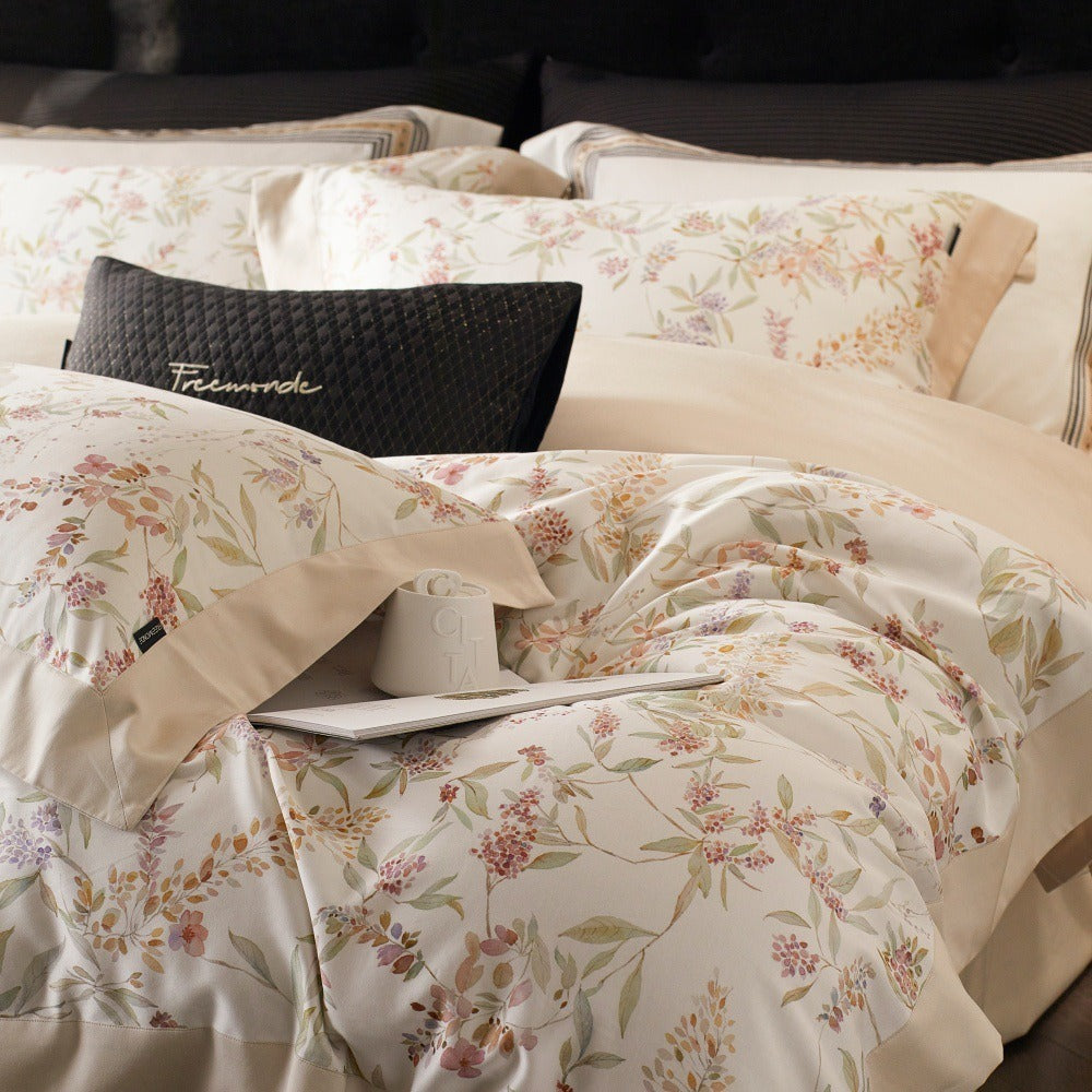 VILZSTUDIOS cream watercolor floral duvet cover set with pastel botanicals and wide cream-beige borders