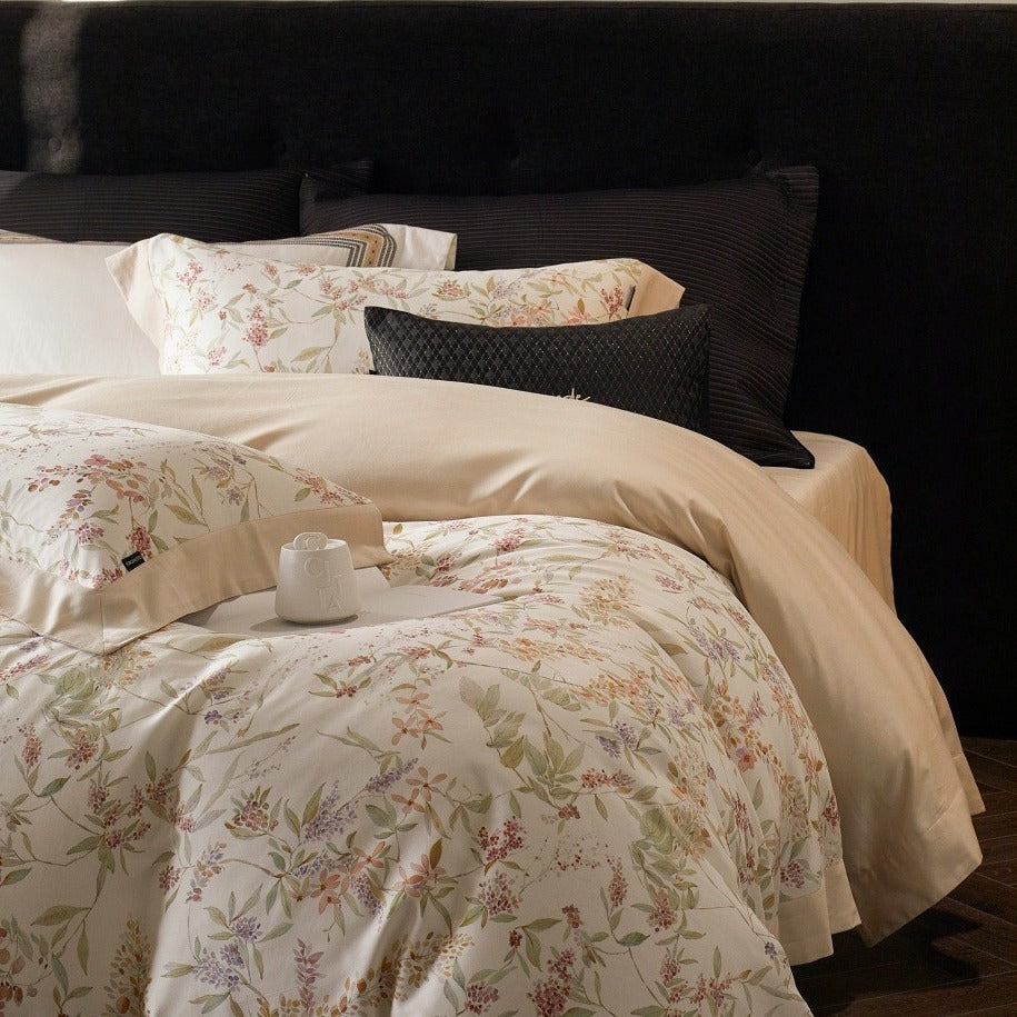 VILZSTUDIOS cream watercolor floral duvet cover set with pastel botanicals and wide cream-beige borders