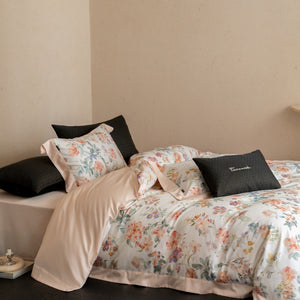 VILZSTUDIOS cream watercolor floral duvet cover set with wide peach borders