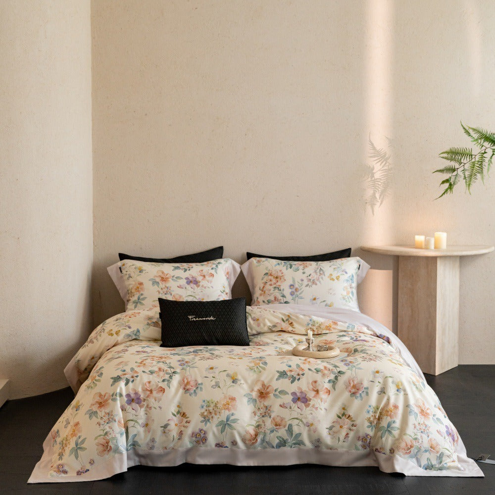 VILZSTUDIOS cream watercolor floral duvet cover set with wide peach borders