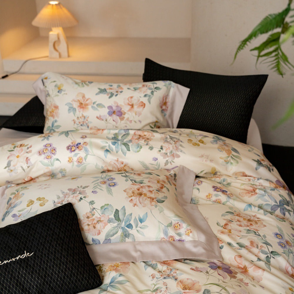 VILZSTUDIOS cream watercolor floral duvet cover set with wide peach borders