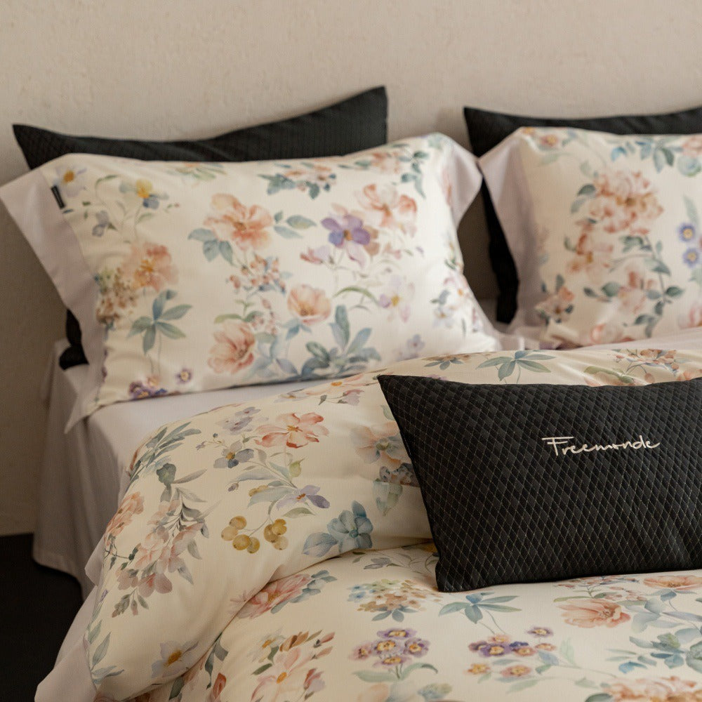 VILZSTUDIOS cream watercolor floral duvet cover set with wide peach borders