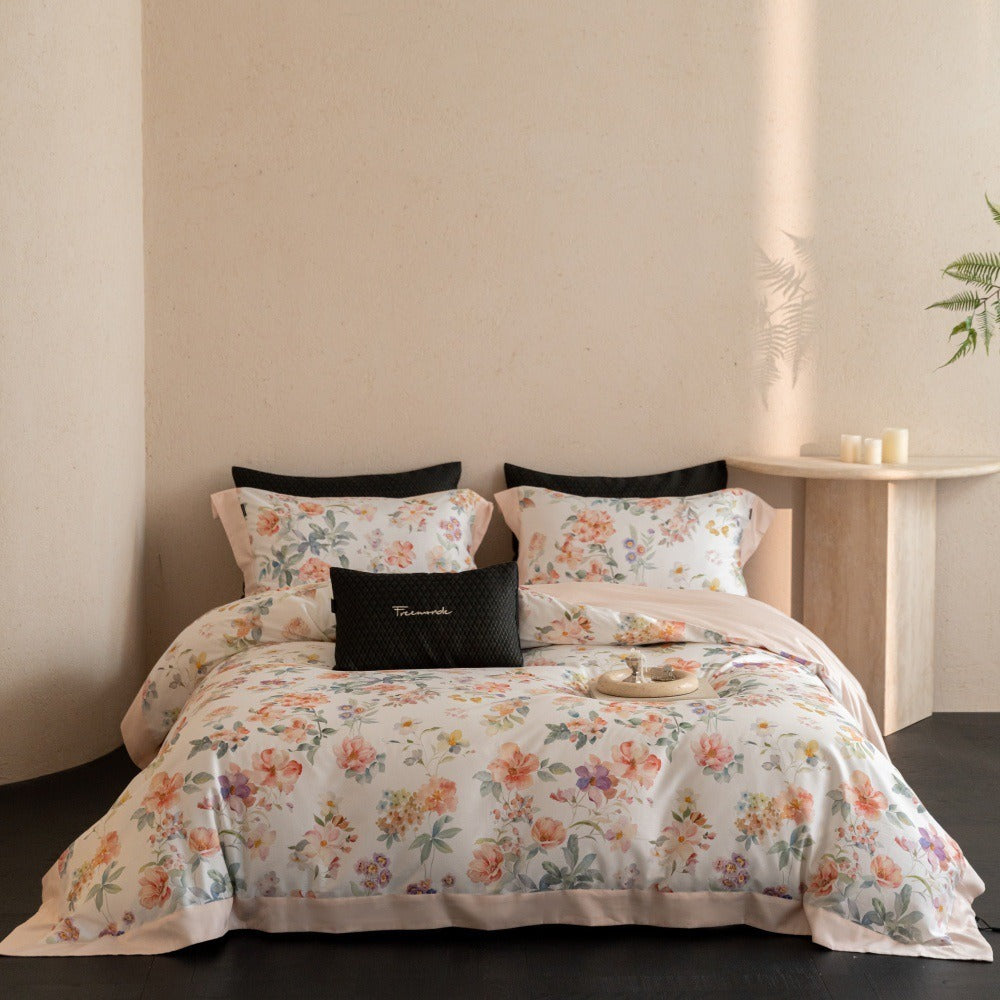VILZSTUDIOS cream watercolor floral duvet cover set with wide peach borders