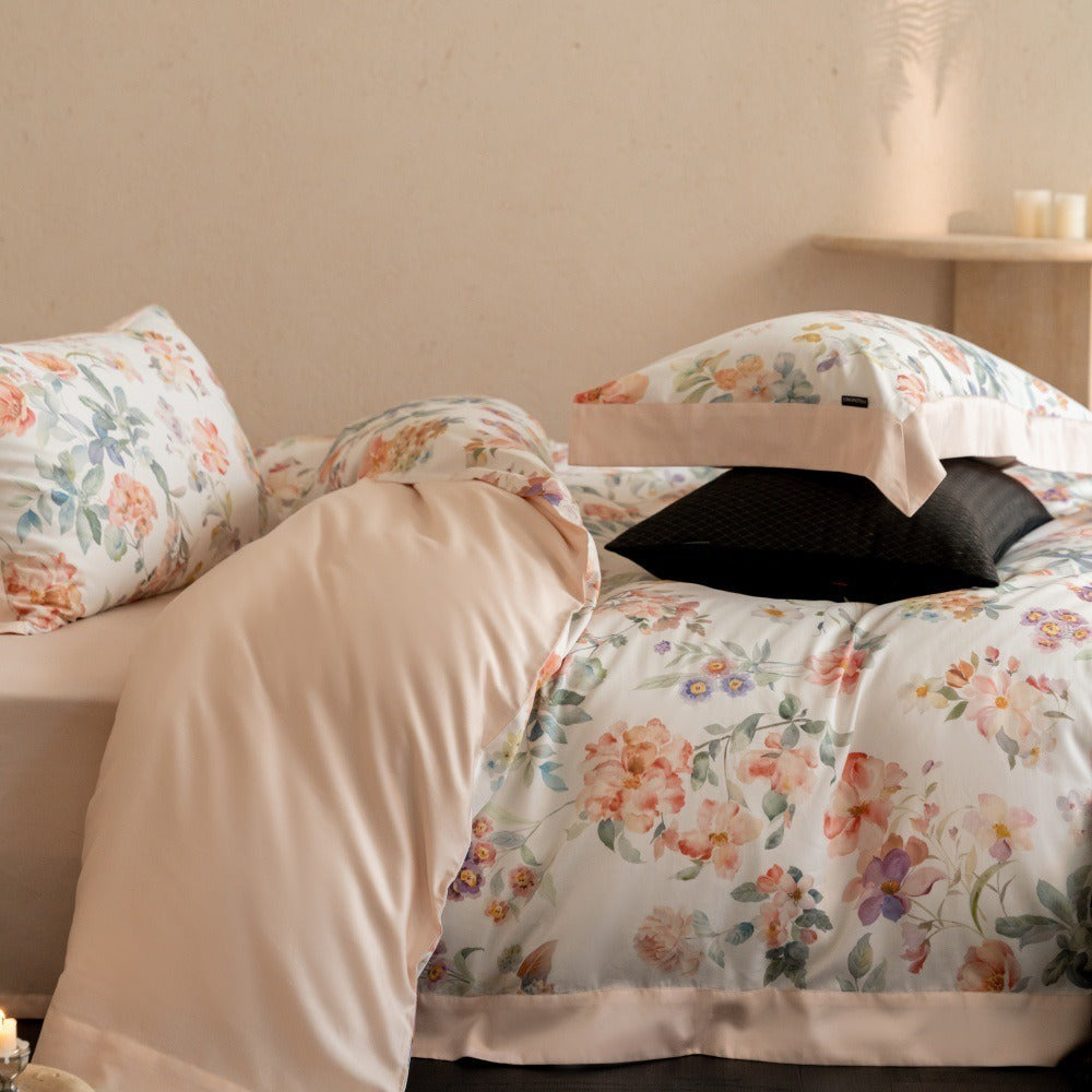 VILZSTUDIOS cream watercolor floral duvet cover set with wide peach borders