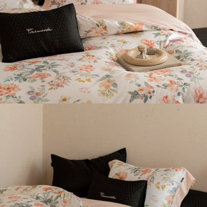 VILZSTUDIOS cream watercolor floral duvet cover set with wide peach borders
