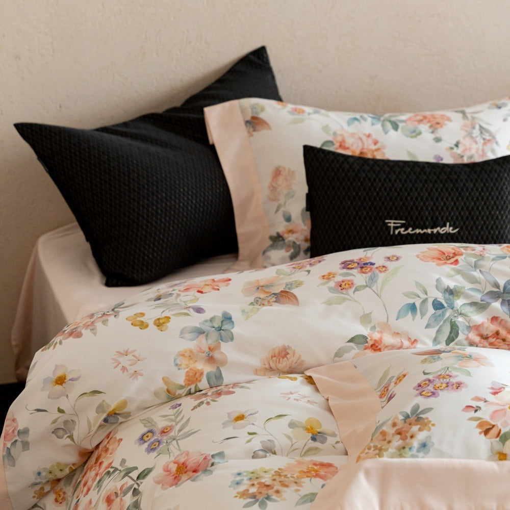 VILZSTUDIOS cream watercolor floral duvet cover set with wide peach borders