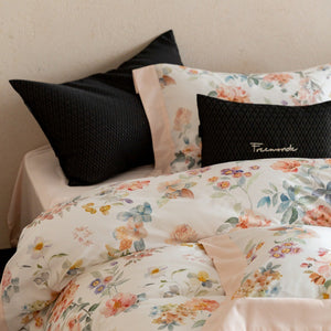 VILZSTUDIOS cream watercolor floral duvet cover set with wide peach borders