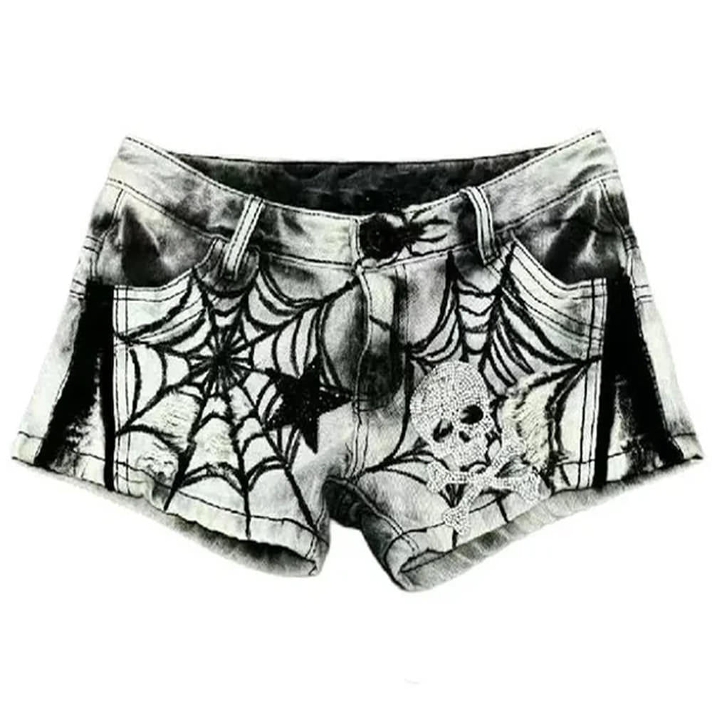 VILZSTUDIOS Grunge print denim shorts with spider web design