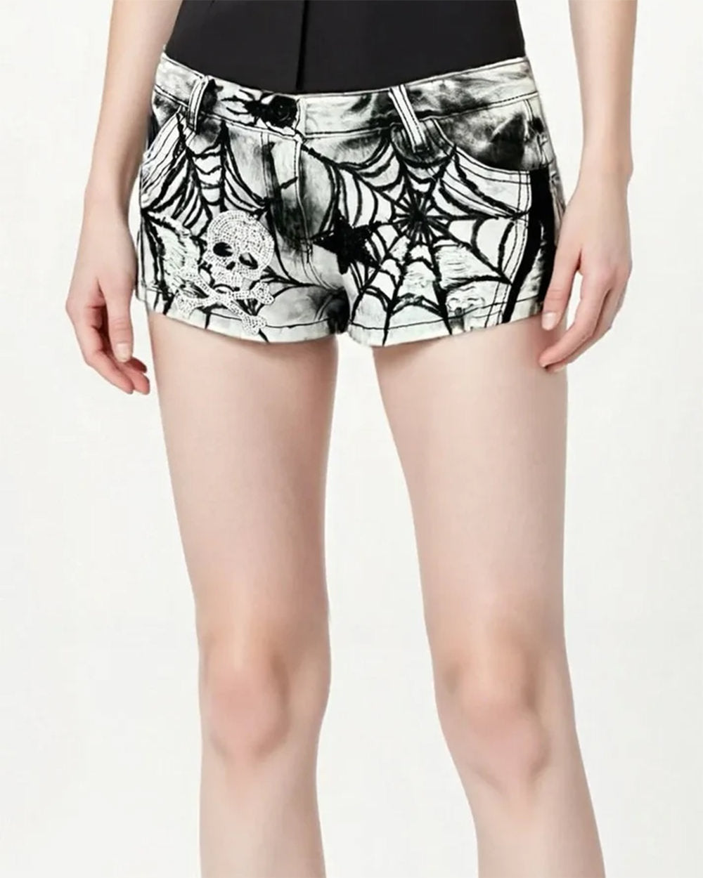 VILZSTUDIOS Grunge print denim shorts with spider web design