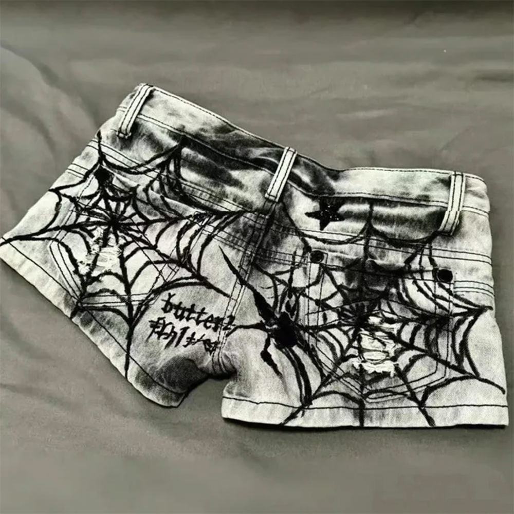 VILZSTUDIOS Grunge print denim shorts with spider web design