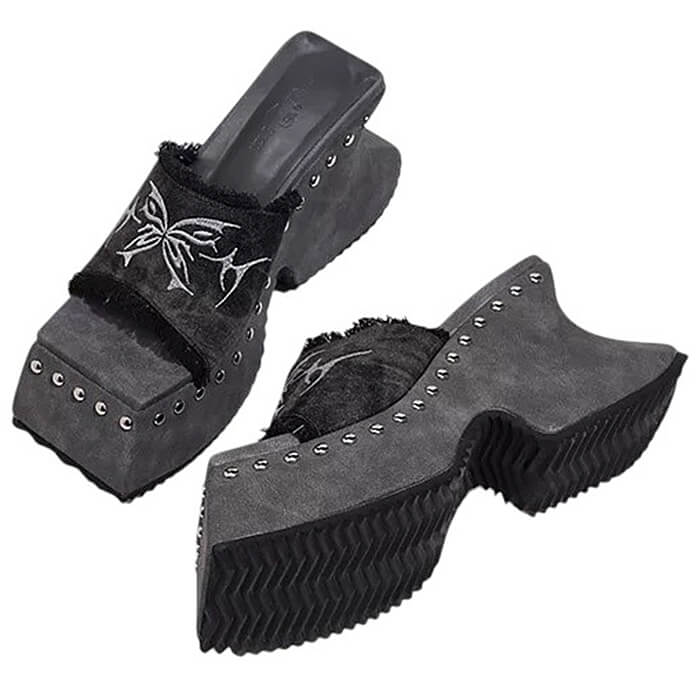 VILZSTUDIOS Unique platform slide sandals with butterfly embroidery