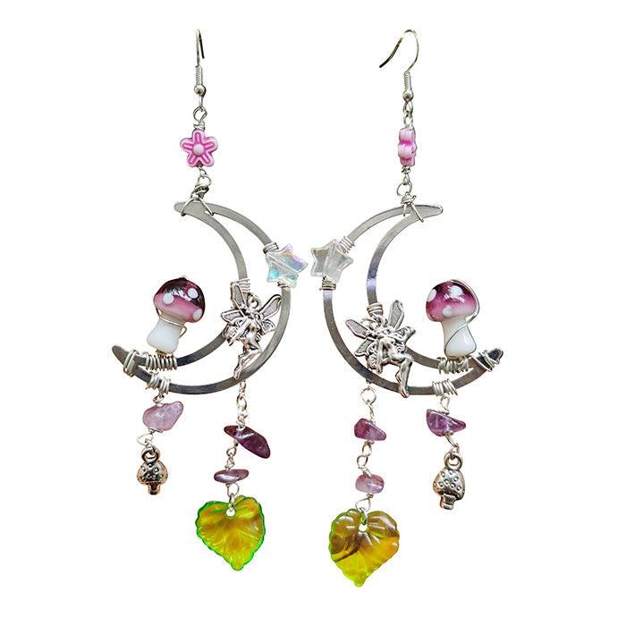 VILZSTUDIOS Whimsical moon charm earrings with mushrooms and leaves