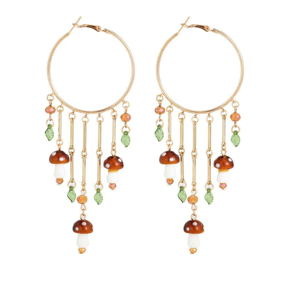 VILZSTUDIOS Whimsical gold hoop earrings with mushroom and leaf design