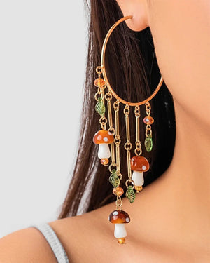 VILZSTUDIOS Whimsical gold hoop earrings with mushroom and leaf design