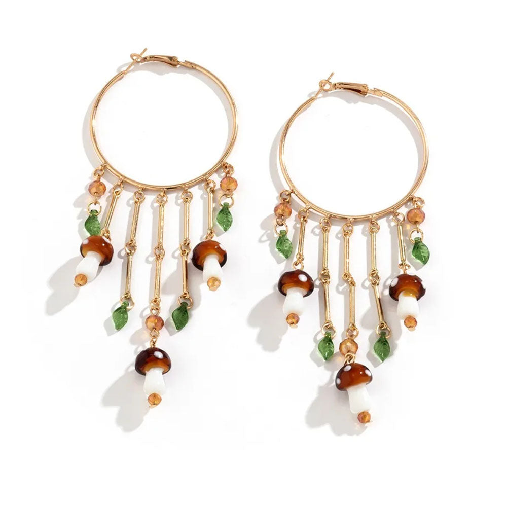VILZSTUDIOS Whimsical gold hoop earrings with mushroom and leaf design