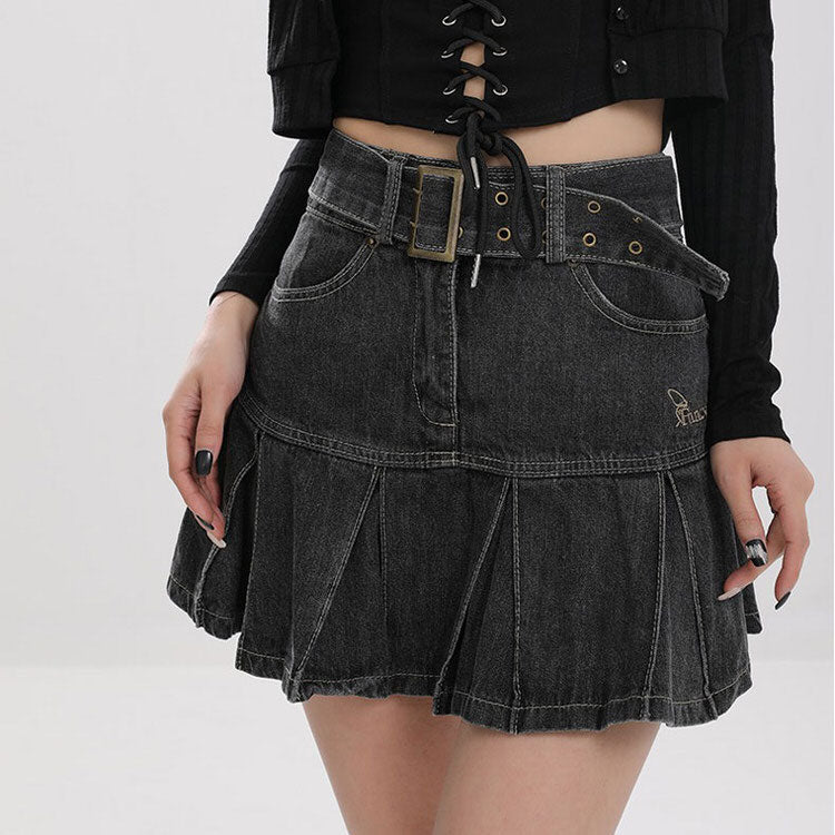 VILZSTUDIOS Whimsical denim mini skirt with pleated design