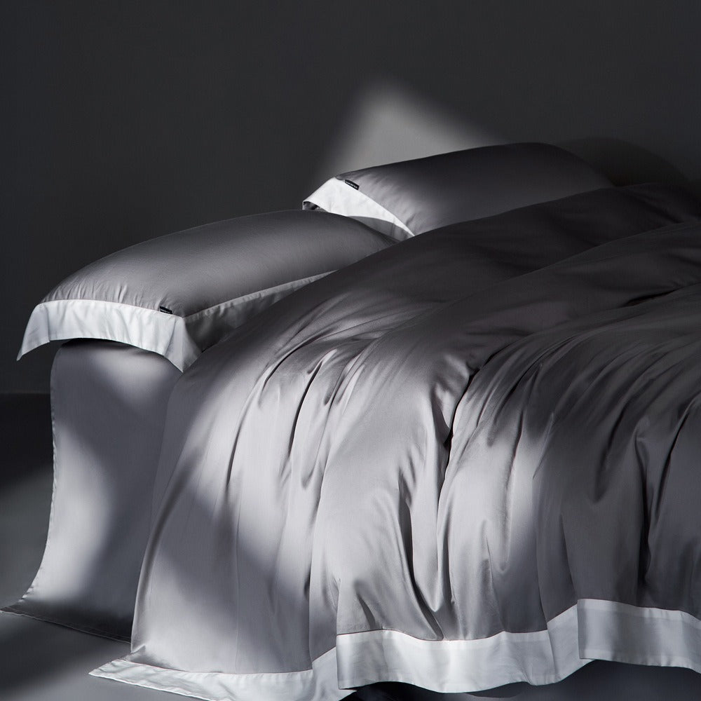 VILZSTUDIOS solid gray, taupe and black satin duvet cover set with wide white borders