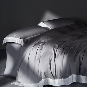 VILZSTUDIOS solid gray, taupe and black satin duvet cover set with wide white borders