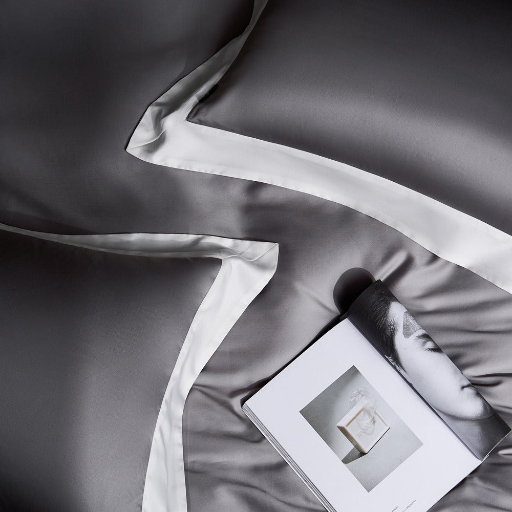 VILZSTUDIOS solid gray, taupe and black satin duvet cover set with wide white borders