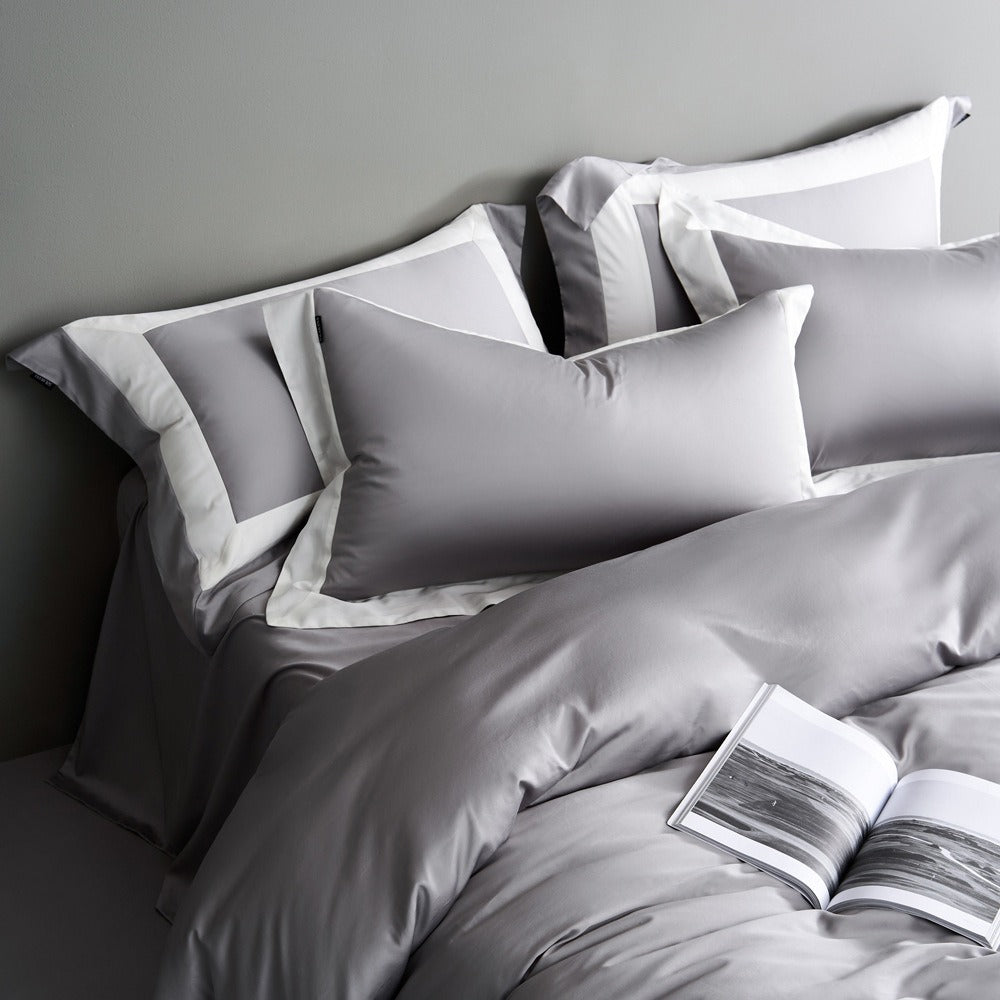 VILZSTUDIOS solid gray, taupe and black satin duvet cover set with wide white borders