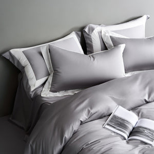 VILZSTUDIOS solid gray, taupe and black satin duvet cover set with wide white borders