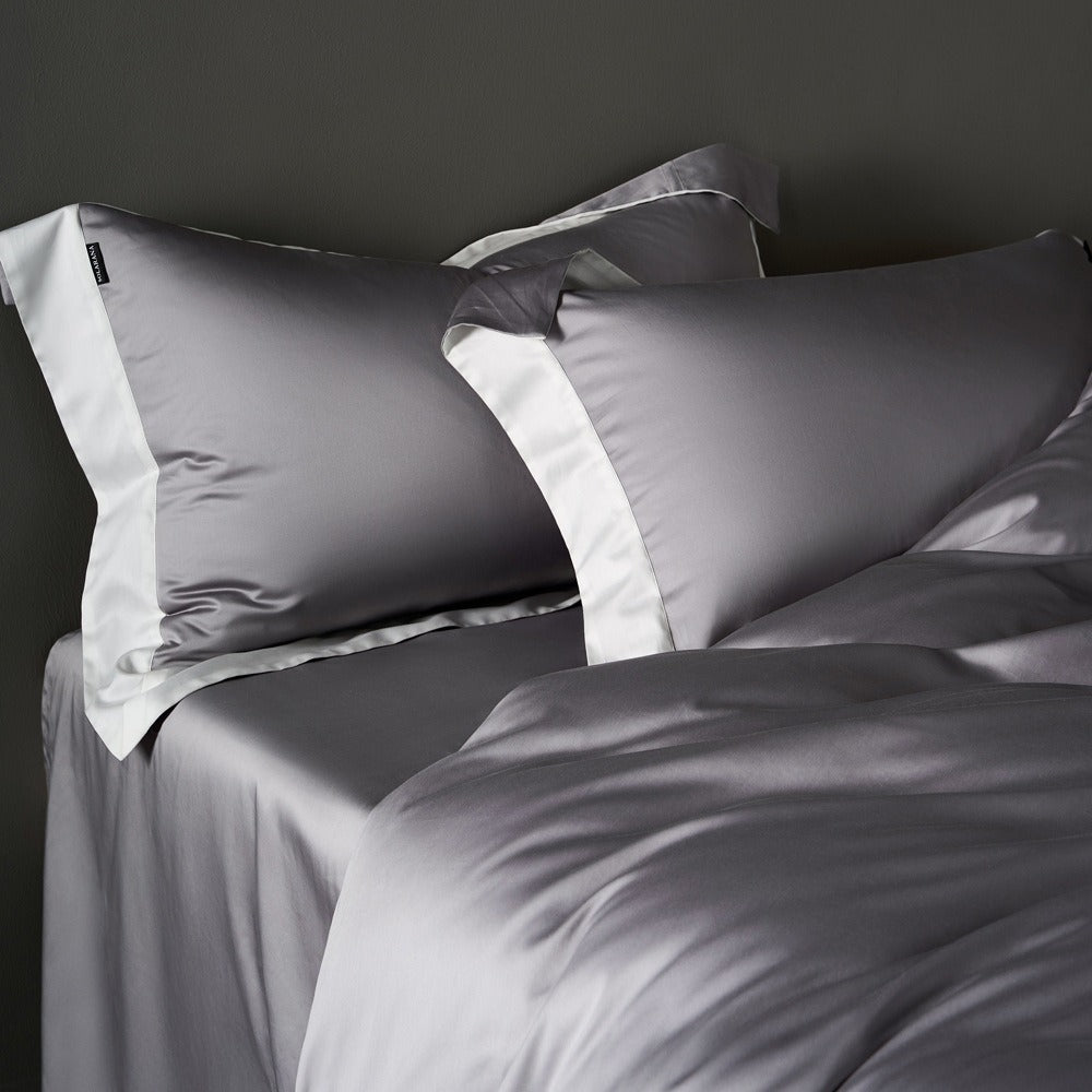 VILZSTUDIOS solid gray, taupe and black satin duvet cover set with wide white borders