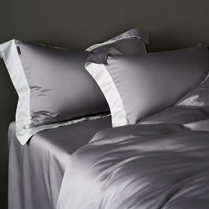 VILZSTUDIOS solid gray, taupe and black satin duvet cover set with wide white borders