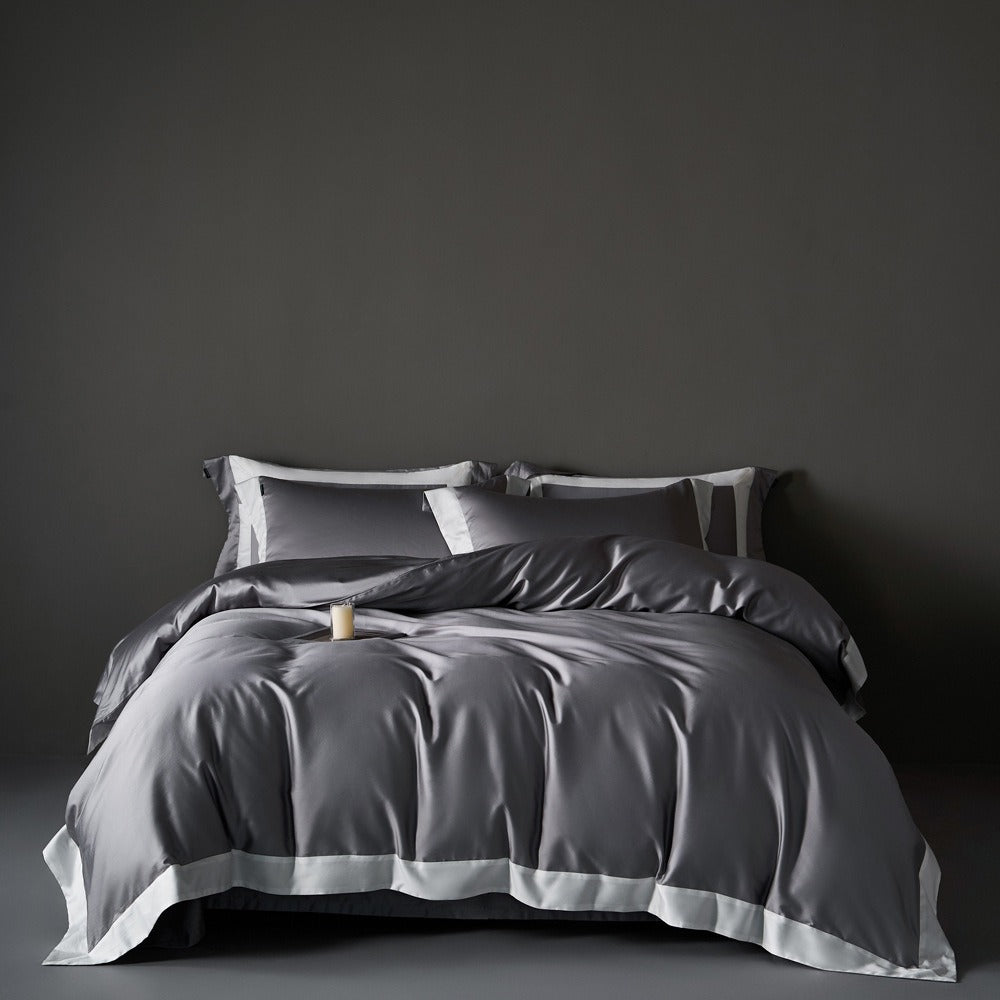 VILZSTUDIOS solid gray, taupe and black satin duvet cover set with wide white borders