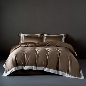VILZSTUDIOS solid gray, taupe and black satin duvet cover set with wide white borders