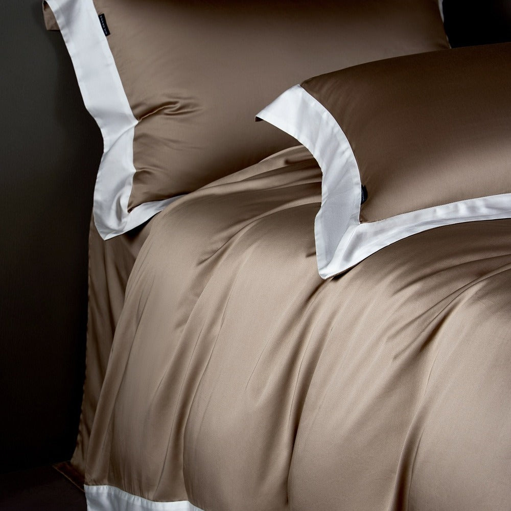VILZSTUDIOS solid gray, taupe and black satin duvet cover set with wide white borders