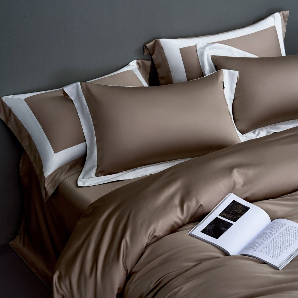 VILZSTUDIOS solid gray, taupe and black satin duvet cover set with wide white borders