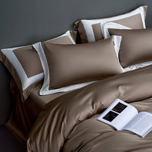 VILZSTUDIOS solid gray, taupe and black satin duvet cover set with wide white borders