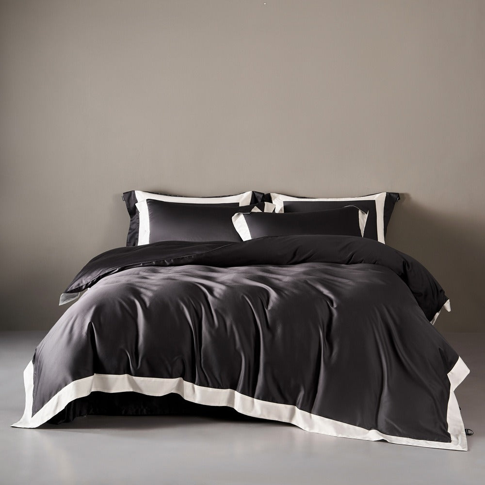 VILZSTUDIOS solid gray, taupe and black satin duvet cover set with wide white borders