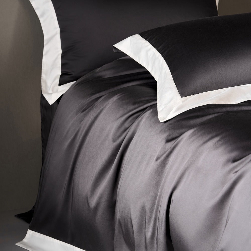VILZSTUDIOS solid gray, taupe and black satin duvet cover set with wide white borders