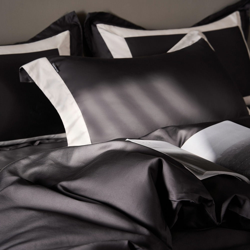 VILZSTUDIOS solid gray, taupe and black satin duvet cover set with wide white borders