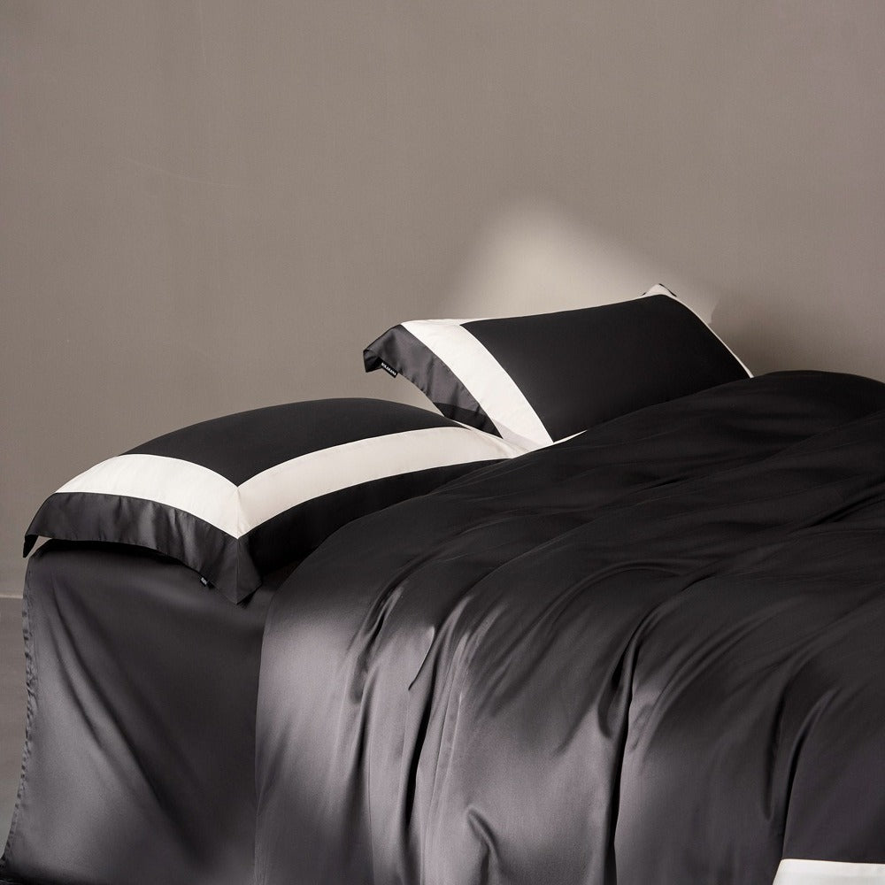 VILZSTUDIOS solid gray, taupe and black satin duvet cover set with wide white borders