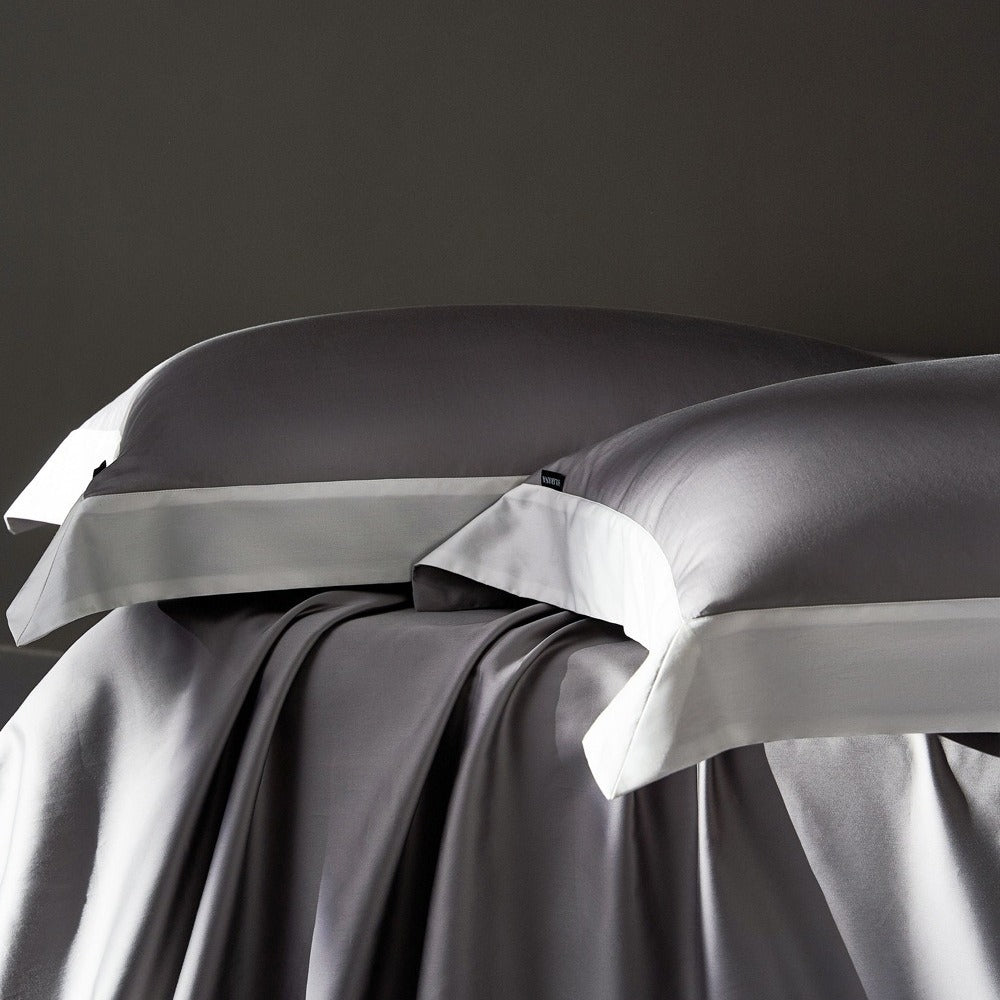 VILZSTUDIOS solid gray, taupe and black satin duvet cover set with wide white borders