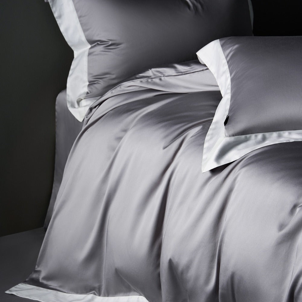 VILZSTUDIOS solid gray, taupe and black satin duvet cover set with wide white borders