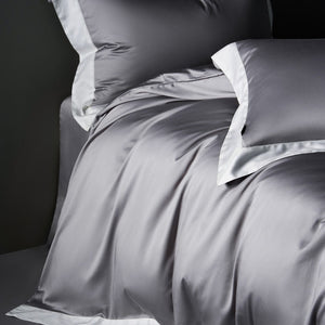 VILZSTUDIOS solid gray, taupe and black satin duvet cover set with wide white borders
