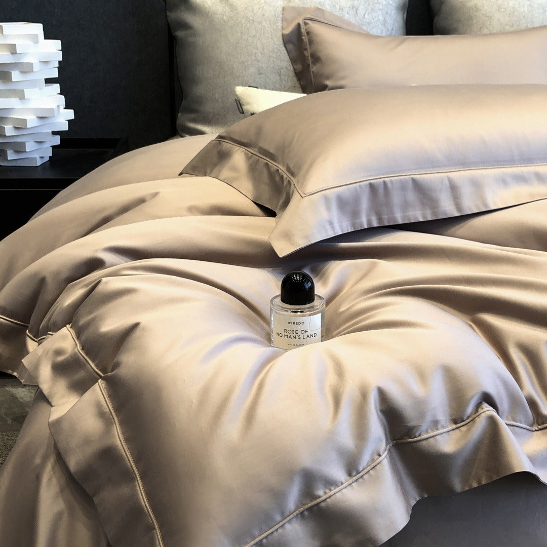 VILZSTUDIOS champagne taupe, blush pink, and silver gray duvet cover set with wide flange borders