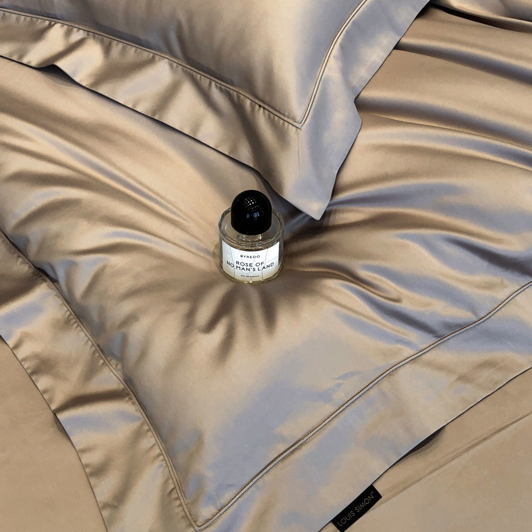 VILZSTUDIOS champagne taupe, blush pink, and silver gray duvet cover set with wide flange borders