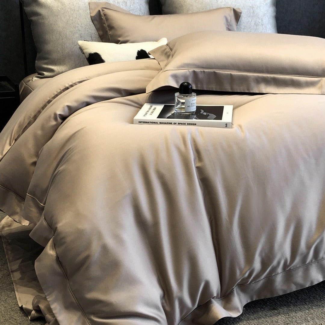 VILZSTUDIOS champagne taupe, blush pink, and silver gray duvet cover set with wide flange borders