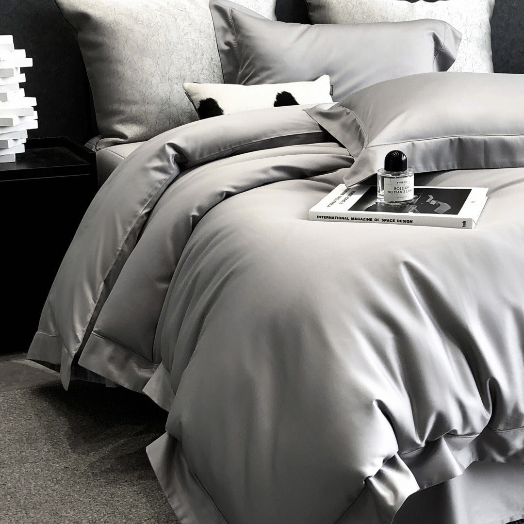 VILZSTUDIOS champagne taupe, blush pink, and silver gray duvet cover set with wide flange borders